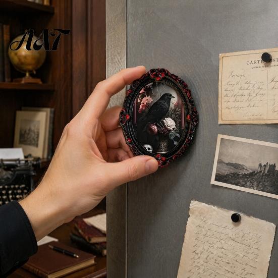 Halloween Skeleton Kitchen Accessories Gothic Refrigerator Magnet, Retro Oval Photo Frame Fridge Magnets, Distressed Decorative Metal Cabinet Magnets