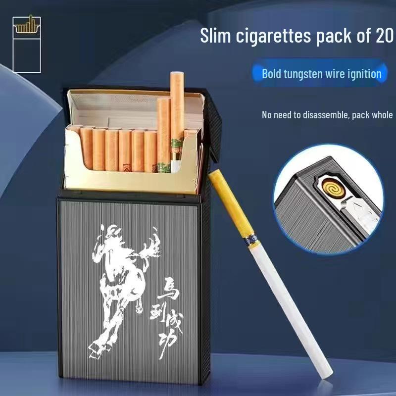 Slim 20-Piece Cigarette Case with Rechargeable Lighter - Moisture-Proof, Pressure-Resistant Flip-Top Design.