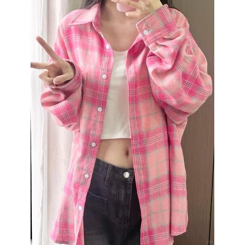 Fashion Pink Plaid Casual Loose Shirts Women Spring Summer New Tops Long Sleeve Women's Blouses Elegant Single Breasted Slim Simple Office Shirt 26116