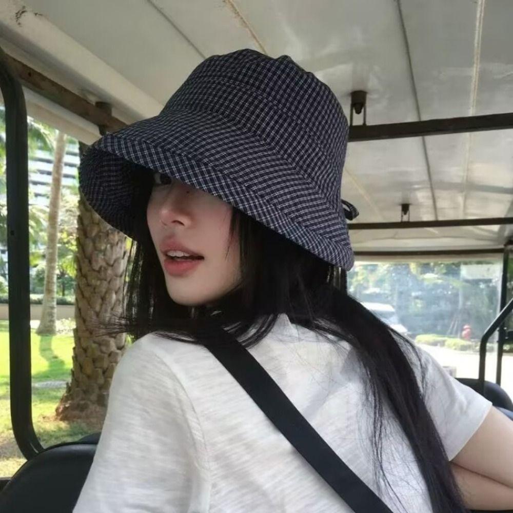 Curled Plaid Sun Hat Summer Fisherman Caps Fashion Plaid Bucket Cap  for Women
