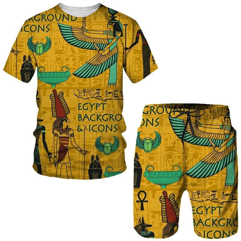 Мужская спортивная одежда из двух предметов, древнеегипетская футболка с 3D принтом, шорты фараона, уличная одежда для пар, летняя новинка