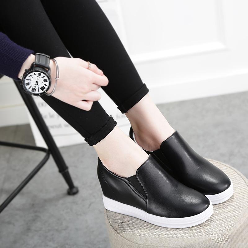 2019 Spring Women's Genuine Leather Slip-On White Shoes with Raised Heels – Korean Style, Versatile, Slim, Breathable, Casual.