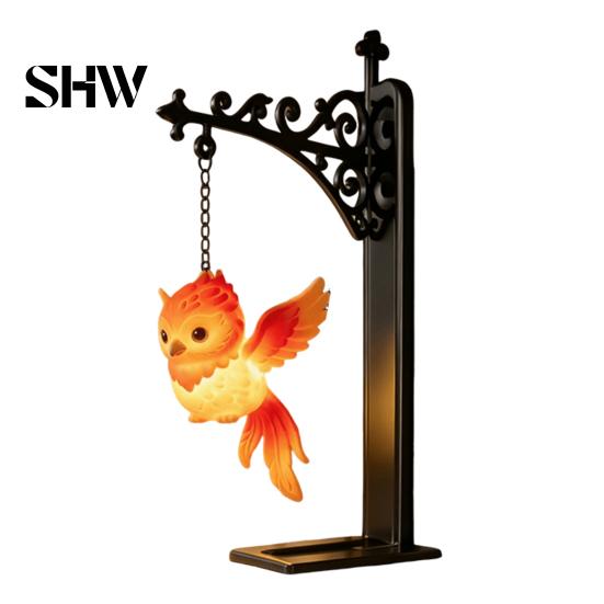 Retro Dark Fantasy Decor Hanging Magic Owl Bird Deer Bookend Lamp, Gothic Metal Bookshelf Light, Magical Lantern for Reading Nook Vintage Library