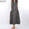 Women Casual O-neck Solid Color With Pockets Sleeveless Dress