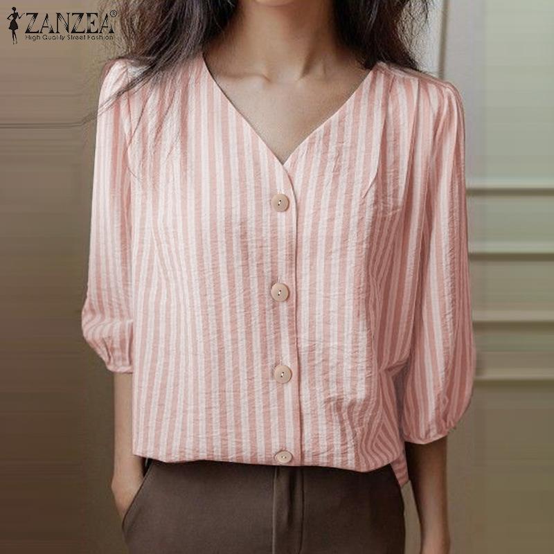 ZANZEA Women Casual V-Neck Loose 3/4 Sleeve Stripe Blouse