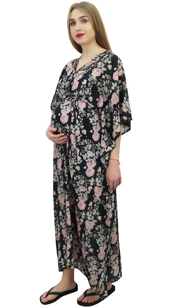 Bimba Moms Черный цветочный принт кимоно рукава для беременных кафтан с поясом-10