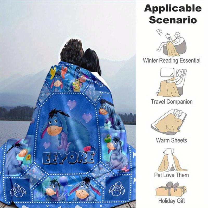 1pc. Eeyore Cartoon Quilt Blanket for Home Decor, Seasonal Use, Gift Idea, Blue Background with Hearts and Flowers Design,Soft Flannel Throw