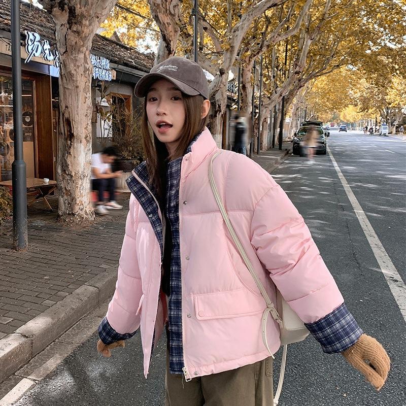 New down cotton clothes winter plaid color matching stand-up collar versatile fashion thickened coat