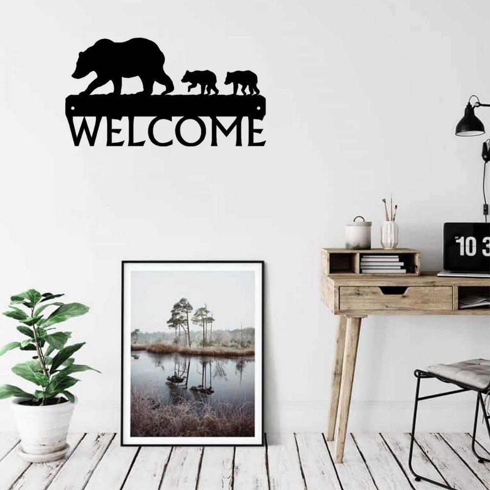 Bear & Cubs Welcome Sign - 12" X 6.5" Metal Wall Art for Rustic Home Décor,and Charming Cabin Entrance with Bear Family Design