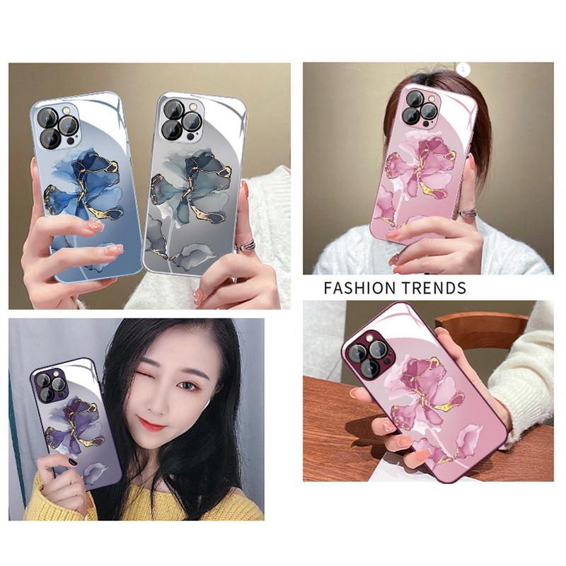 Стеклянный чехол для телефона с мраморным цветочным узором для iPhone 15 14 Pro Max 13 12 11, противоударный защитный чехол для объектива камеры