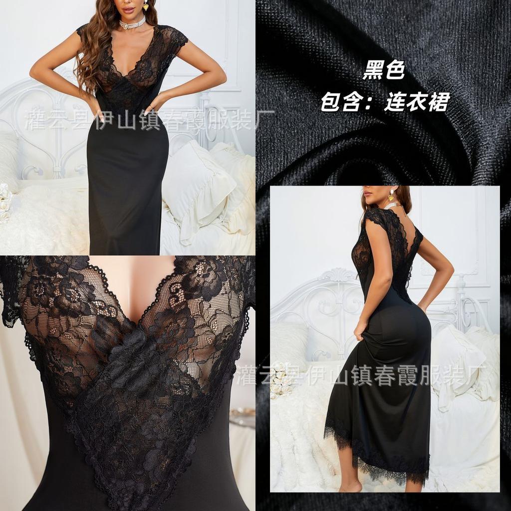 Стиль чистого желания длинная ночная рубашка женская сексуальная V-образный вырез кружево короткий рукав разрезы пижама одежда для дома