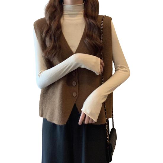 Осень-зима Женский жилет с V-образным вырезом на пуговицах Однотонный свободный трикотажный толстый сохраняющий тепло свободный свитер без рукавов