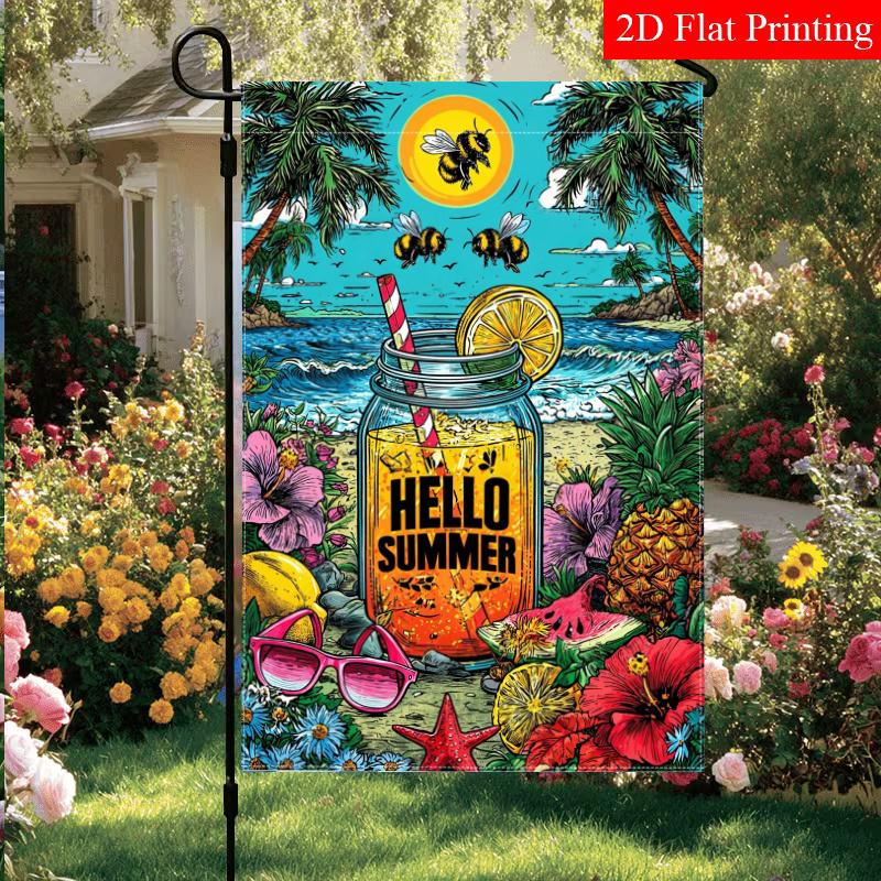 2D Flat, 2D Flat Hello_ Summer Swimming Pool_ Bee Garden Flag_3 (3)- Outdoor Garden Flag Double-sided Home Decoration Courtyard Decoration Outdoor Dec