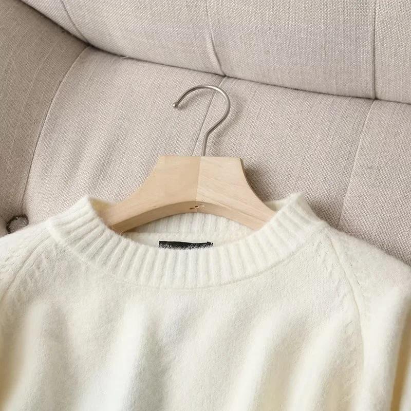 Женские пуловеры больших размеров, шикарные топы, элегантный бежевый вязаный свитер с круглым вырезом, джемпер