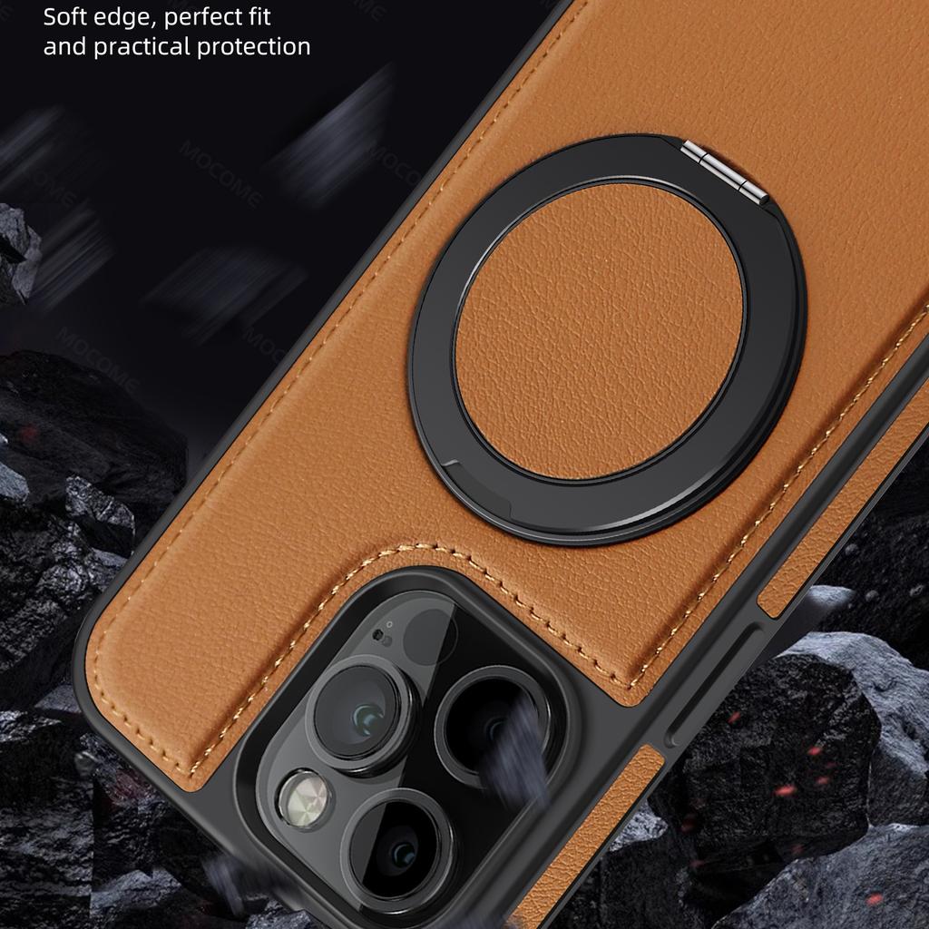 For iPhone 15 Pro Case with Ring Kickstand Compatible with MagSafe PU Leather Back Cover