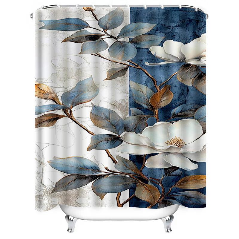 Elegant White Flowers and Blue Leaves Waterproof Shower Curtain Heat Resistant Machine Washable Non-Transparent 180x180cm