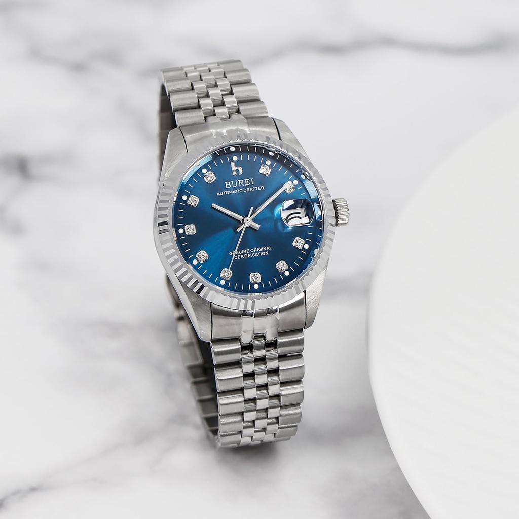 Мужские автоматические часы BUREI, Водонепроницаемые, Аналоговые, Отображение даты, Механические часы, Популярный мужской бренд, Стильные, Простые, Повседневные, Часы глубокого синего цвета