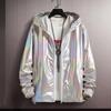 Unisex Shiny Jacket Laser Hooded Coat Iridescent Holographic Harajuku Sun Protect Top Plus Size