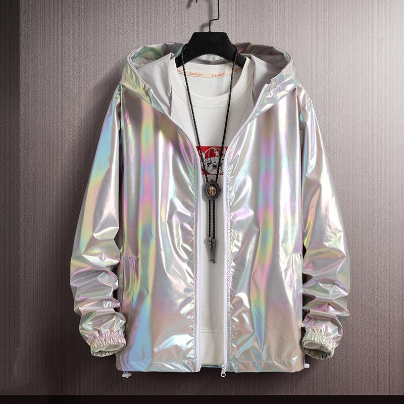 Unisex Shiny Jacket Laser Hooded Coat Iridescent Holographic Harajuku Sun Protect Top Plus Size