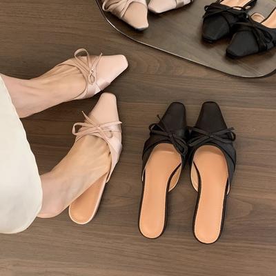 Фея на плоской подошве, стиль с юбкой, французские сандалии, лето 2025, острый носок, бант, сумка на голову, полушлепанцы для улицы