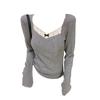 Lace Patchwork Long Sleeve T-Shirt For Woman Bow V-Neck Slim Gray Cotton Tee Shirts Autumn Casual Sweet Cute Harajuku Y2k Tops