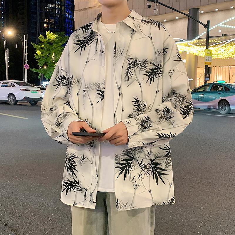 Ink bamboo national style flower shirt men's long sleeved spring and autumn youth high-end and cool shirt