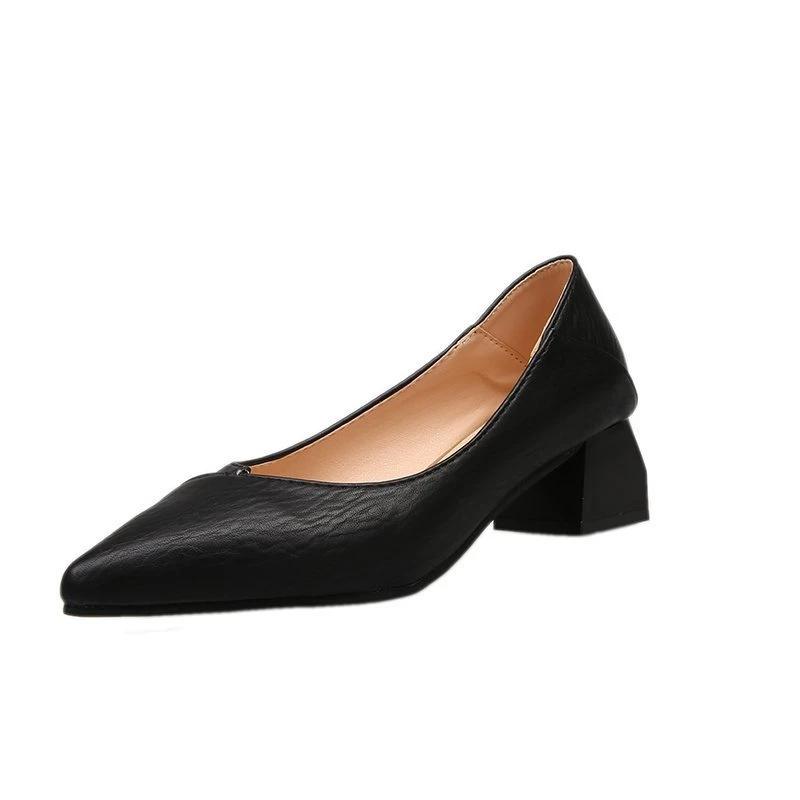 2024 Высококачественная женская обувь One Kick, женские туфли-лодочки, весна-осень, с острым носком, простые сплошные блочные каблуки, неглубокие профессиональные туфли