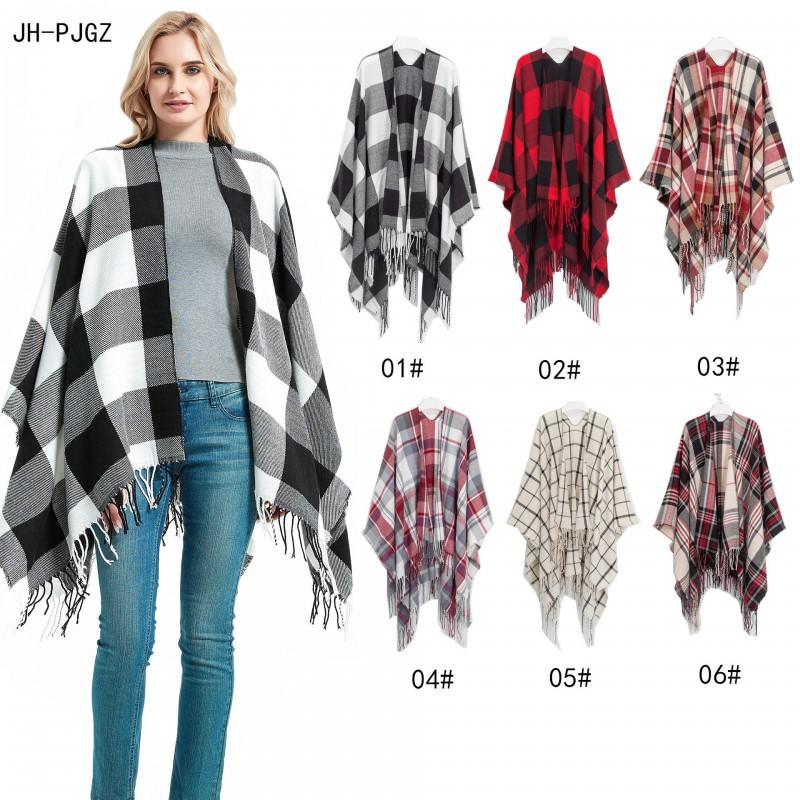Womens Winter Knitted Shawl With Fringe Plaid Warm Faux Cashmere Wrap Scarf