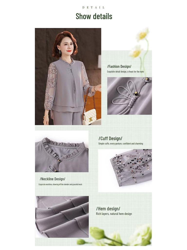 Chic Women's Suit: Mesh Sleeve Top & Wide-Leg Pants Set for Stylish Middle-Aged and Elderly Moms