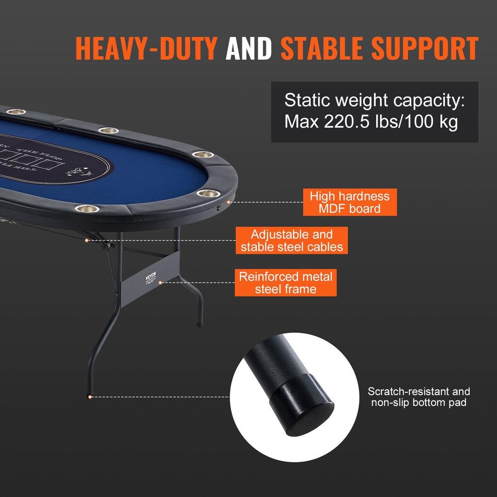 10 Player Foldable Poker Table, Blackjack Texas Holdem Poker Table with Padded Rails and Stainless Steel Cup Holders, Portable Folding Card Board Game