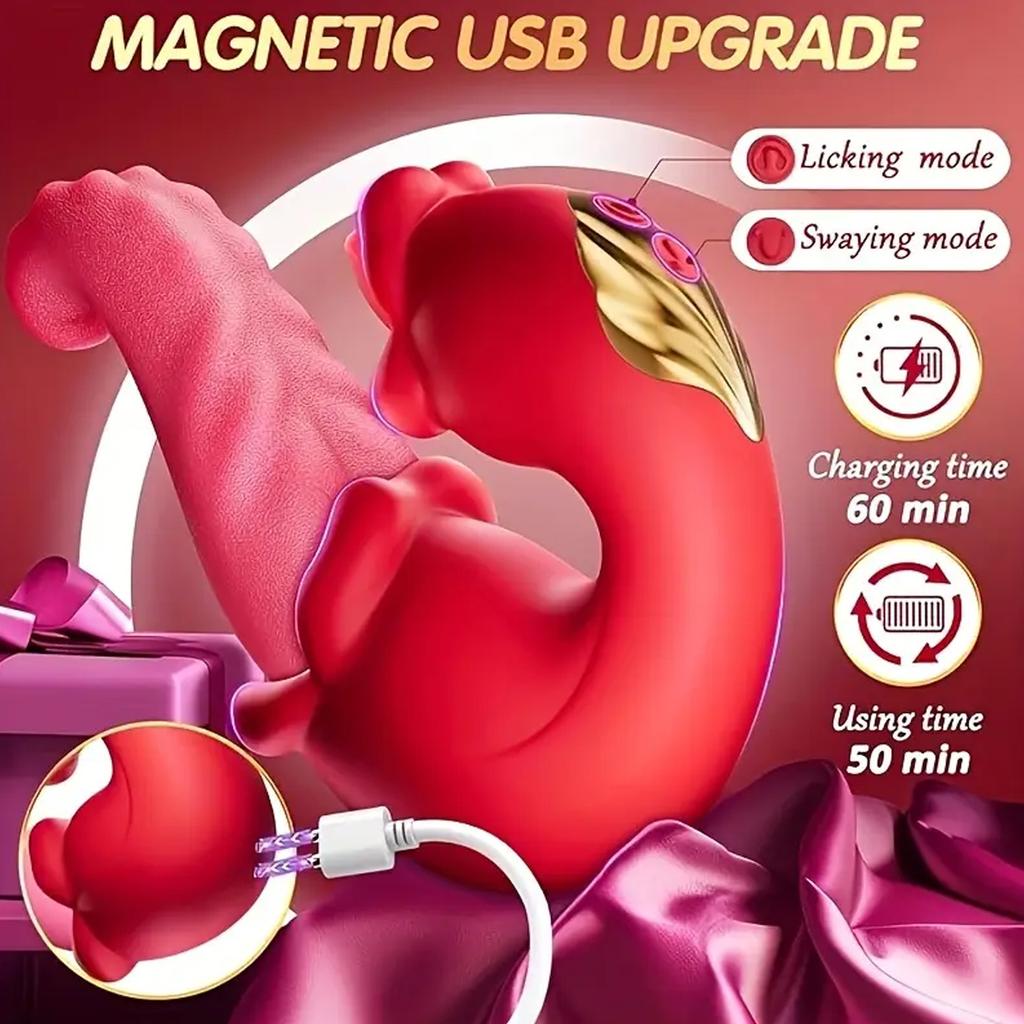 4 In 1 Tongue Push Vibrator Rose Toys 10 Licking and Swaying Patterns Dildo Pleasure Tools