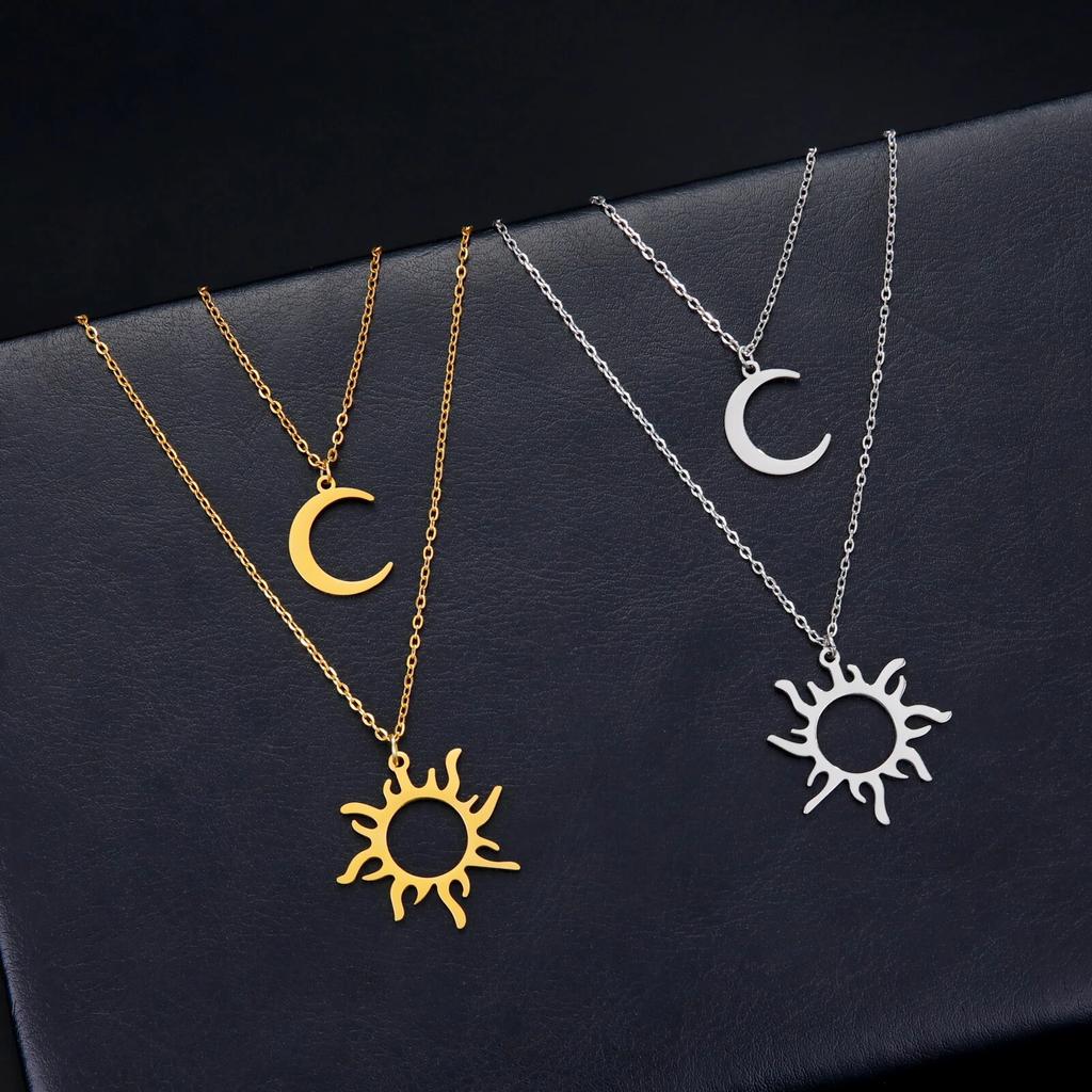 Sun Totem and Moon Pendant Necklace Women Fashion Stainless Steel Clavicle Chain Jewelry Friends Gift
