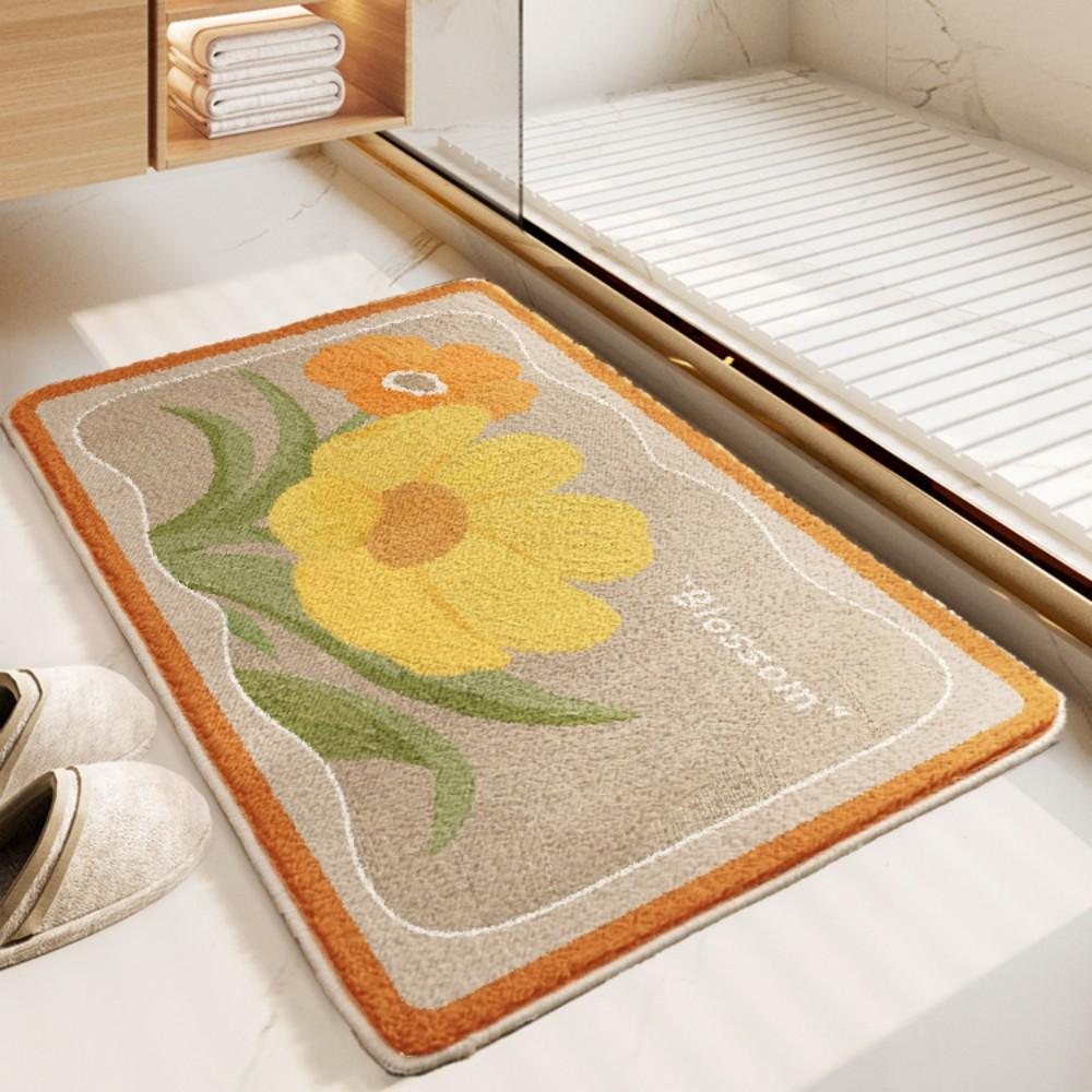 American Country Floral Bathroom Mat Off White With Brown Border Print Shower Room Floor Mat Home Decor Rug