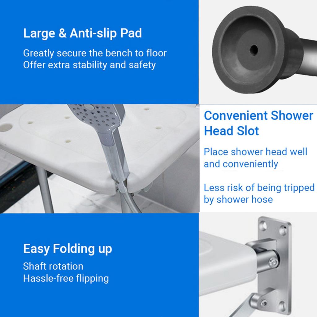 Folding Shower Bench Wall Mounted Flip Up Bath Seat Screw In Bathroom Chair Stool with Non Slip Feet Drainage Holes