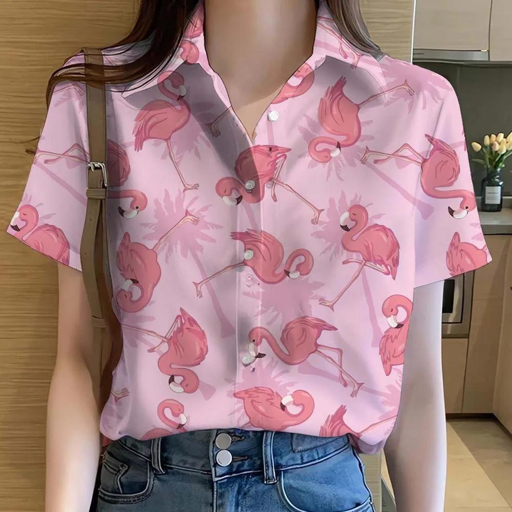 Womens Shirts Cute Cartoon Animal Flamingo 3D Printed Casual Tops Blouses Hawaiian Short Sleeve Button Beach Shirt Summer Shirts