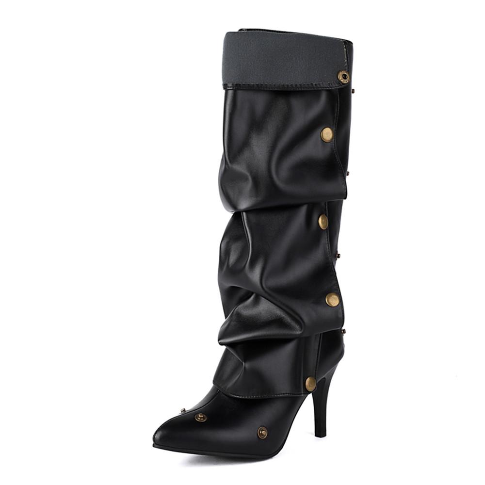 Модные женские ботфорты выше колена на высоком каблуке из ПУ кожи однотонные с острым носком на шпильке слипоны с заклепками складные женские ботильоны крутые ботинки