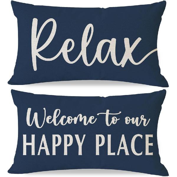 Welcome to Our Happy Place Relax Decorative Throw Pillow Covers 12x20 Inch Set of 2 Orange Outdoor Farmhouse Spring Fall Decor Lumbar Cushion Case