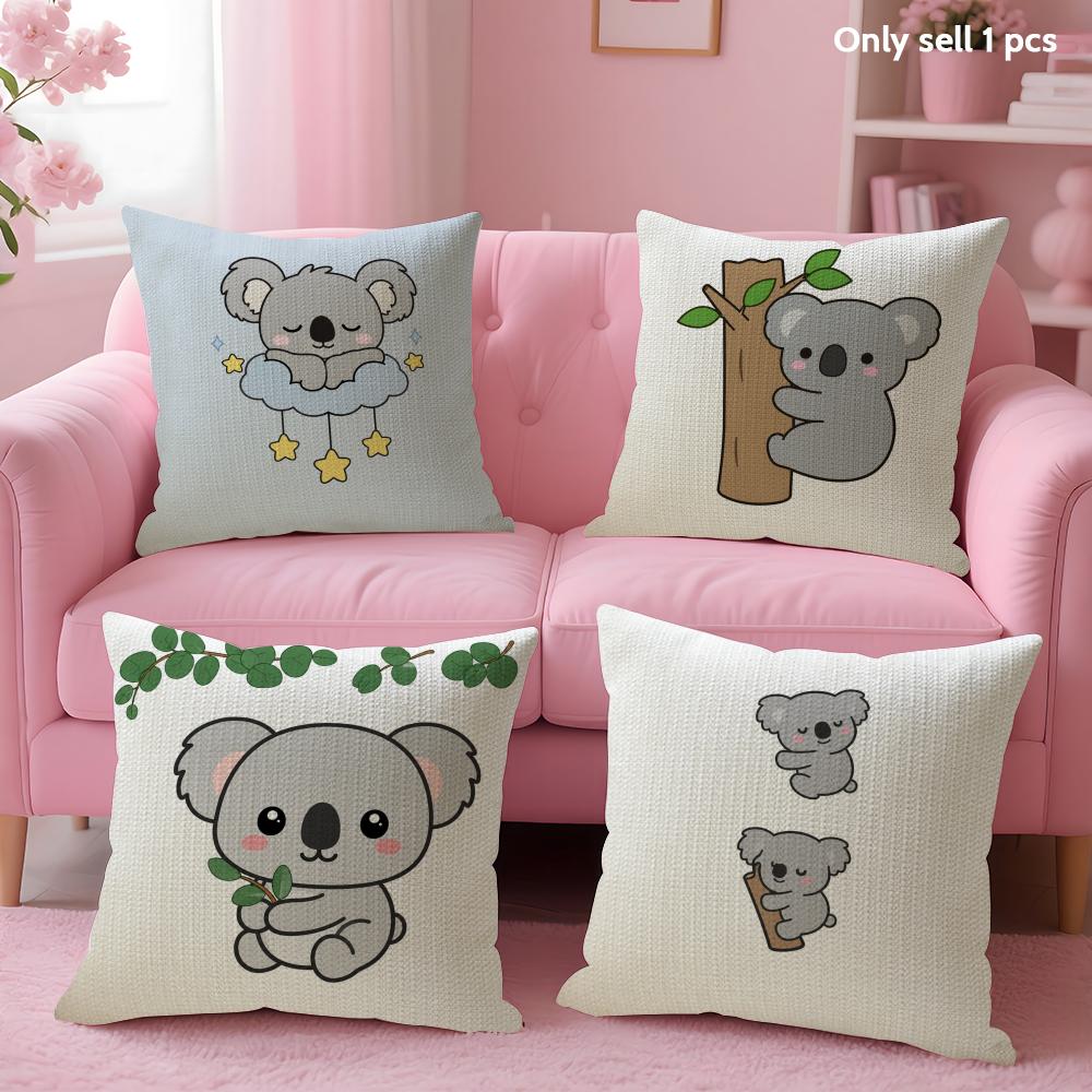 Cartoon Cute Koala Cushion Cover Natural Linen Organic Fabric DoubleSided Printing Sofa Home Decor Gift Pillow Case
