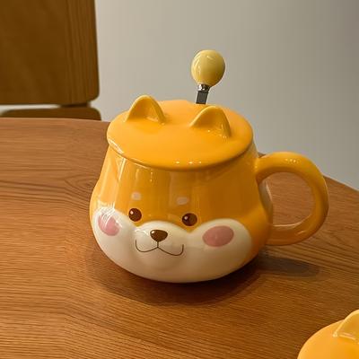 2 шт. Милая керамическая кофейная кружка с дизайном собаки и набор ложек, желтая с белыми акцентами, только ручная мойка, многоразовая, идеально подходит для дней рождения и повседневного использования