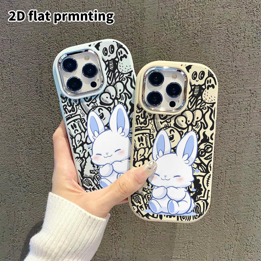 Phone case: 2D flat design suitable for iPhone 18 17 16 15 14 13 Pro protective case, couple style, blue inner ear white rabbit, Christmas and Hallowe