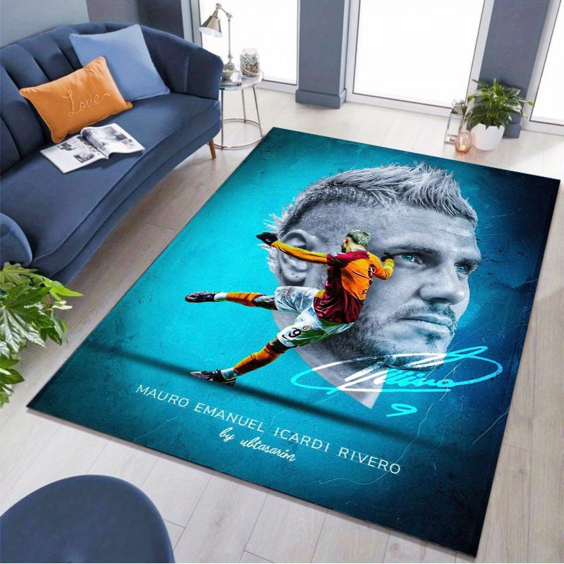 Blue Football Player Portrait Action Print Area Rug, Sports Fan Non‑Slip Floor Mat for Living Room Bedroom Home Decor