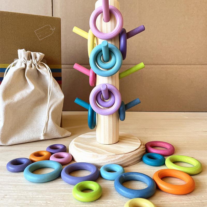 Rainbow Wooden Stacking Rings for Kids - Interlocking Building Blocks with CE Certification