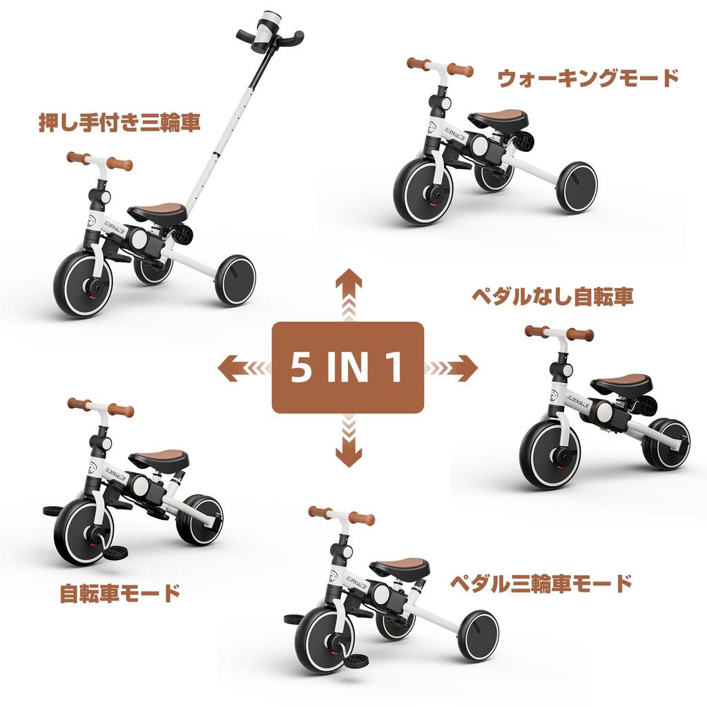 Детский трехколесный велосипед 5-в-1 с ручкой для толкания, складной (ES76, О ВАУЗОН, Белый)