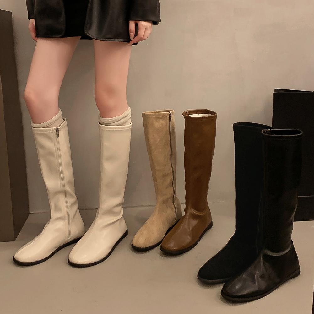 Красивые тонкие, но плоские одинарные сапоги рыцарские сапоги универсальные корейские высокие сапоги женские белые круглые тонкие длинные
