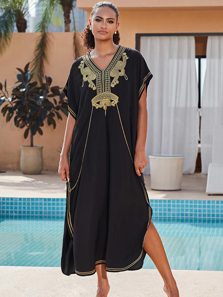 EDOLYNSA Женский кафтан с вышивкой вина, длинное платье, наряд, мягкая одежда в стиле бохо для отдыха, непринужденная пляжная одежда, одежда для отдыха, платье Moo Moo