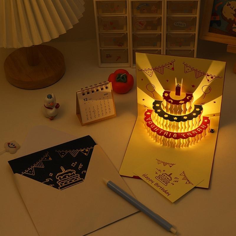 3D Pop-up С Днем Рождения Торт Светодиодная Подсветка Складная Открытка Праздничные Бумажные Карточки для Дня Рождения Свадьбы