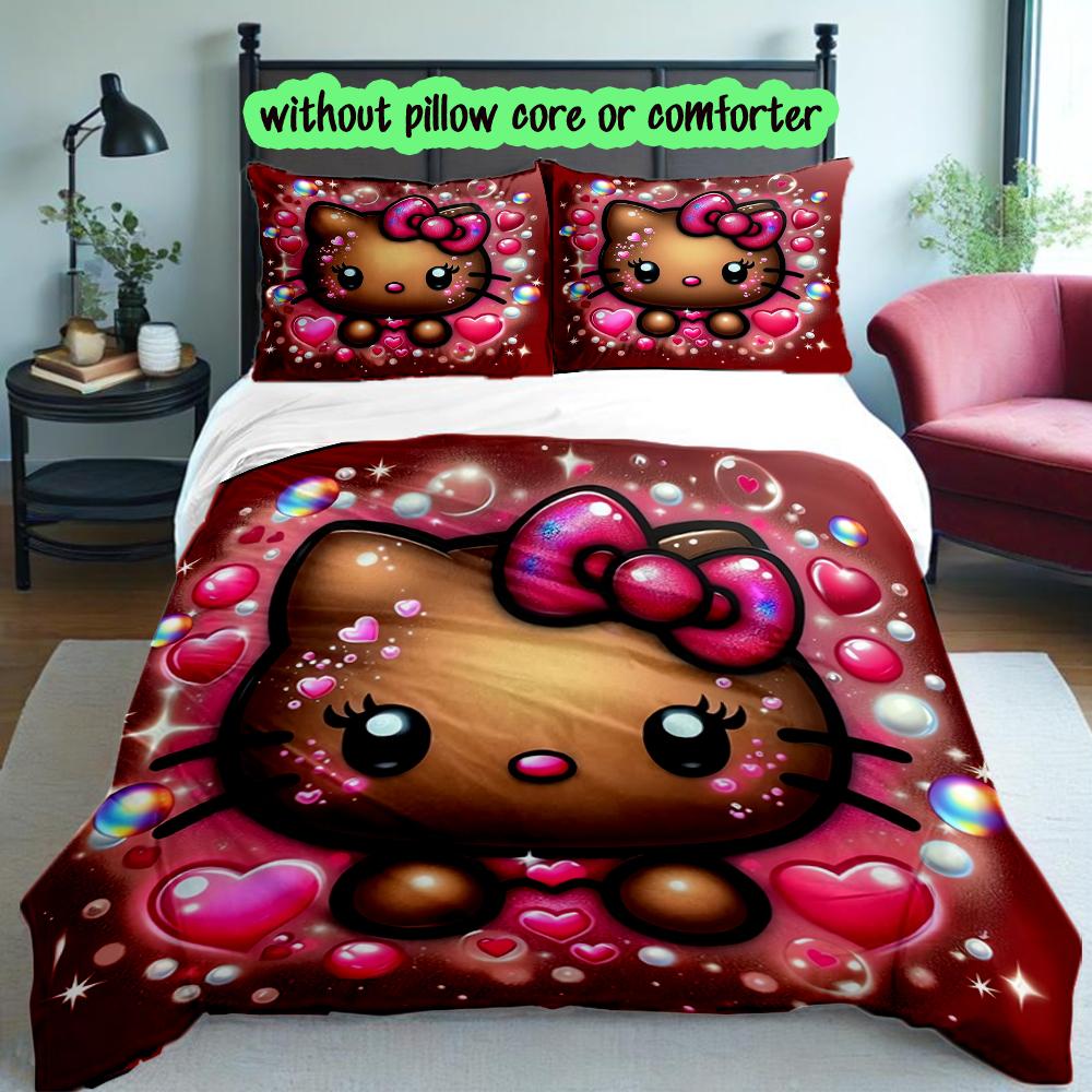 [3pcs Romantic Bedding Set] Hello Kitty Print Duvet Cover, Soft Breathable Bedding Set For Bedroom Guest Room School Dorm Decor