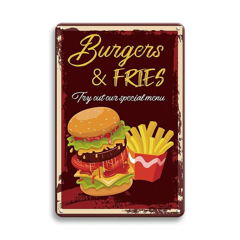 Hot Dog Fresh Hamburgers Metal Signs BBQ Vintage Posters Home Kitchen Wall Decor Iron Plate Painting Fast Food Shop Plaques