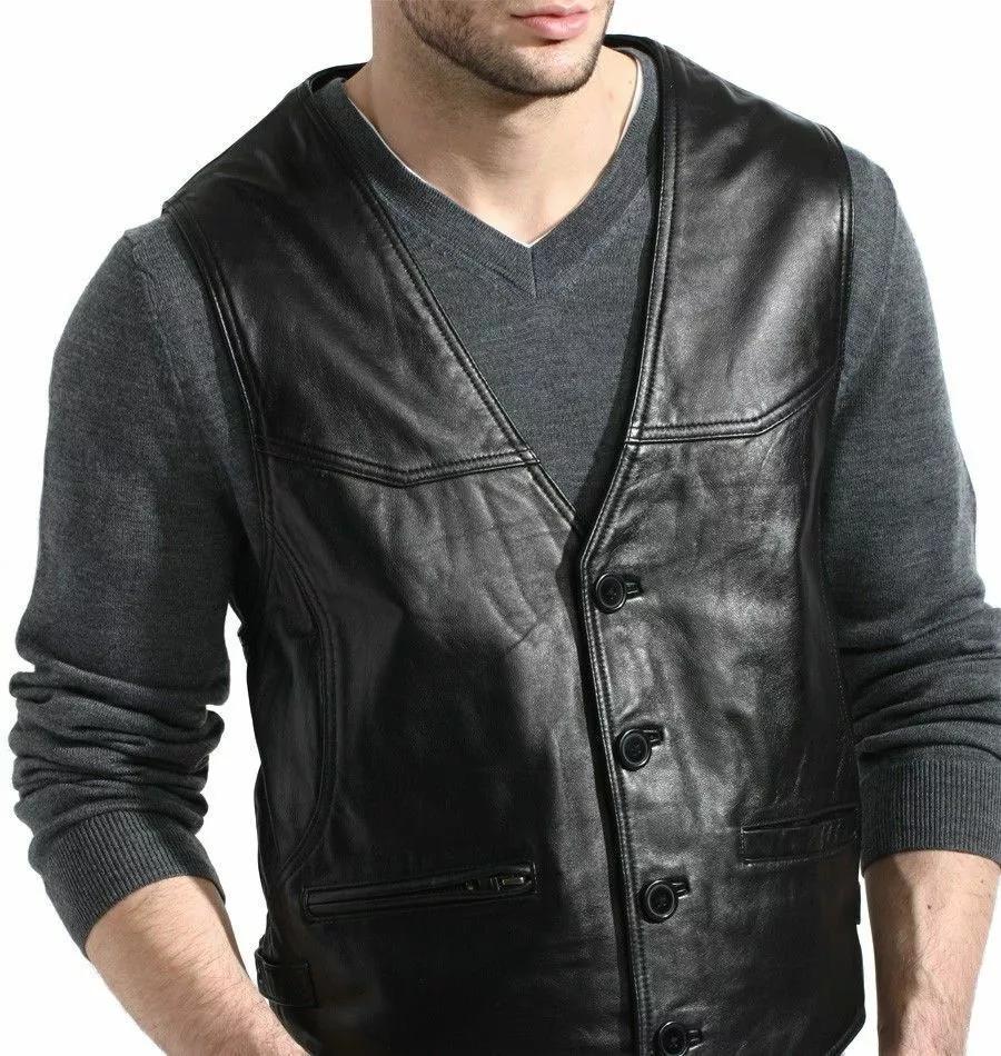 ЧЕРНЫЙ жилет пальто жилет куртка на пуговицах мужская оригинальная овчина кожа вестерн