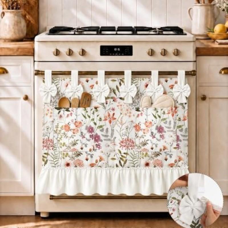 Oven Curtain With Pocket Hook-and-Loop Skirt Cherry Bow Decorative Kitchen Door Drape